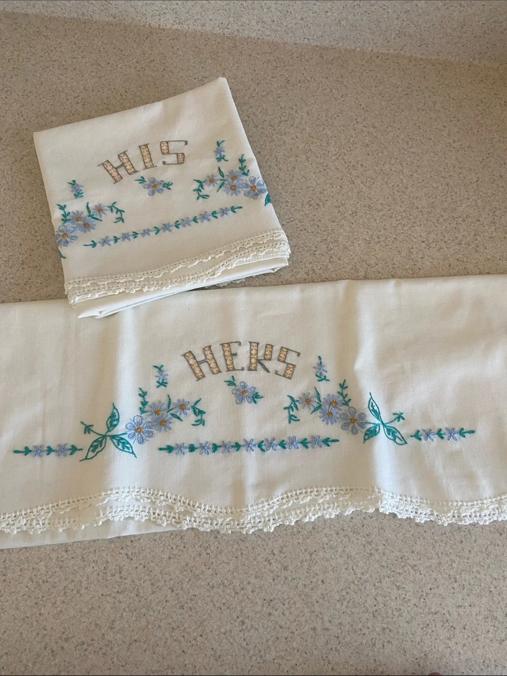 Vintage White Embroidered HIS and HERS Pillow Shams with Blue Floral Accents